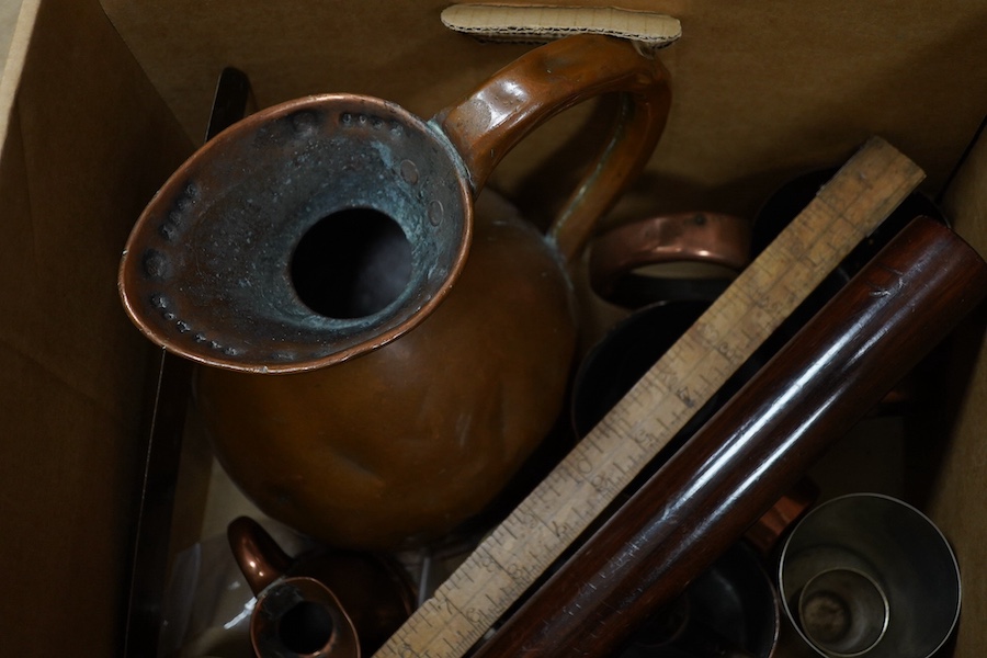 A group of 19th/20th century copper and brass measures, bone and wood rules etc. Condition - varies